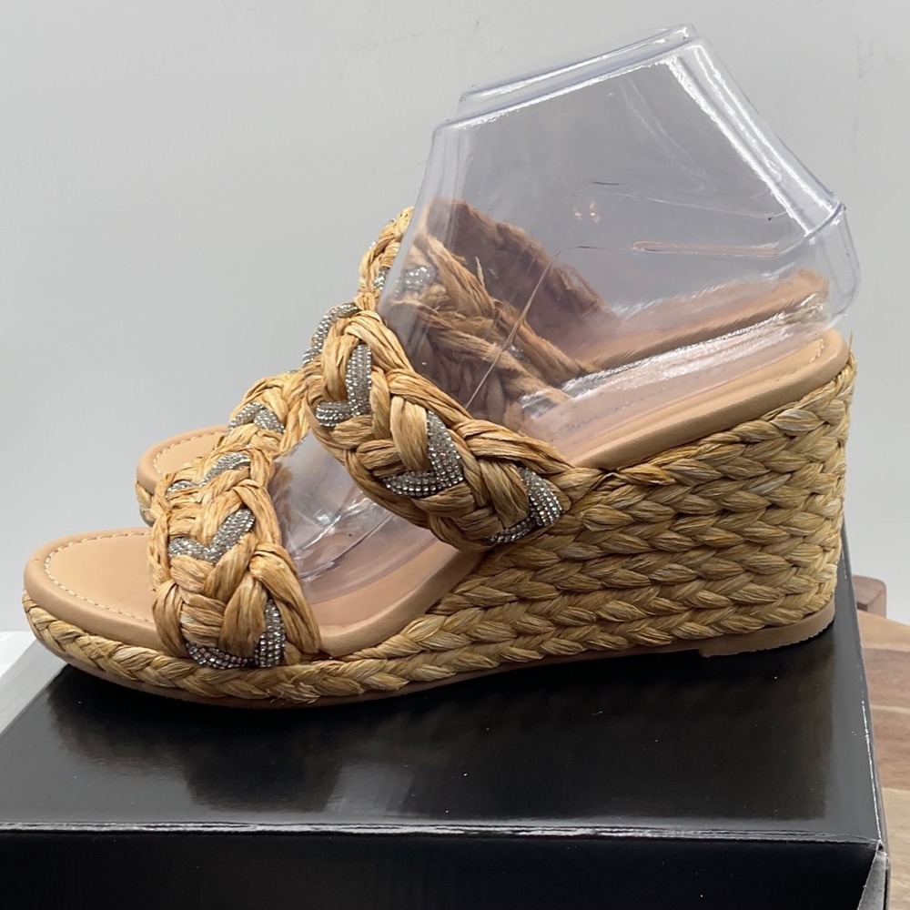 Stuart Weitzman Braided Raffia Crystal Wedge Sandals Natural Tan Women Size 8 - Picture 9 of 14